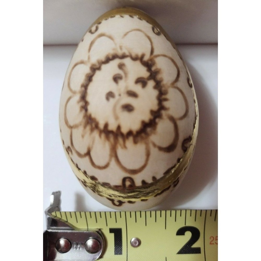 Romanian Pysanky Hand Painted Wood Easter Egg Flower Pattern Burnt Gold Accents